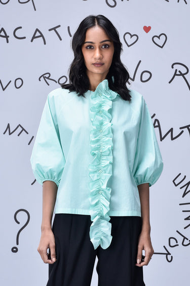 Frill Collar Relax Fit Top- Nile Green