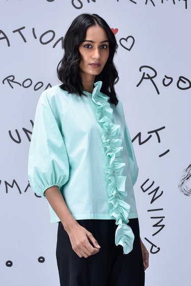 Frill Collar Relax Fit Top- Nile Green