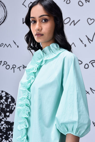 Frill Collar Relax Fit Top- Nile Green