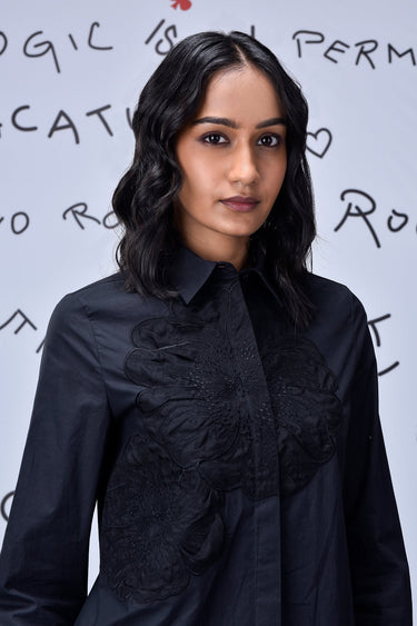 Black Giza Cotton Poplin Shirt with Tonal Appliqué Detailing