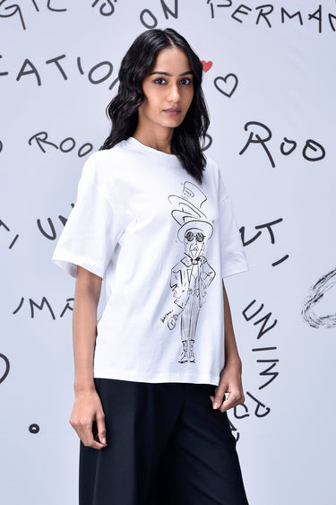 White graphic t-shirt women, premium cotton jersey by Genes Lecoanet Hemant