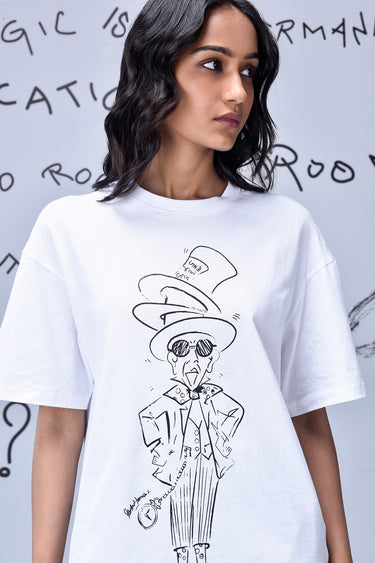 Designer white t-shirt for women with sketch artwork, luxury fashion UAE
