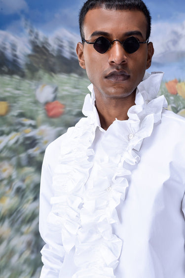 Detachable Ruffle Collar Regular Fit Shirt- White