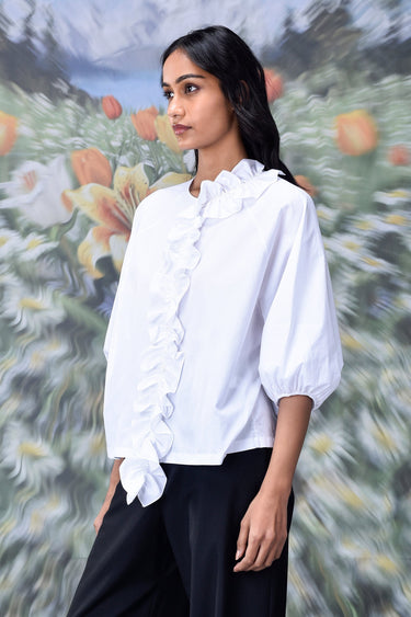 Frill Collar Relax Fit Top- White