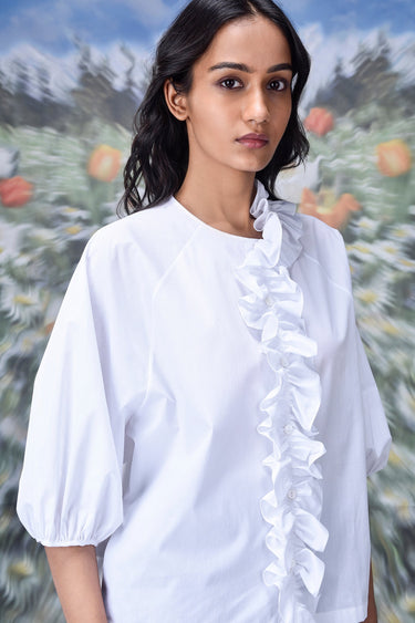 Frill Collar Relax Fit Top- White