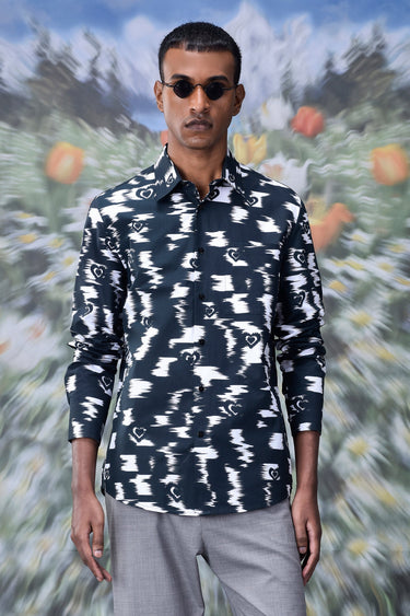 Ikat Check Print Regular Fit Shirt - Black