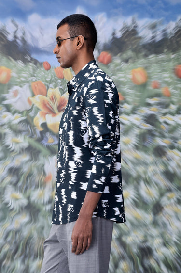 Ikat Check Print Regular Fit Shirt - Black