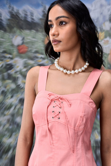 Lace up Slim fit Dress- Coral Peach