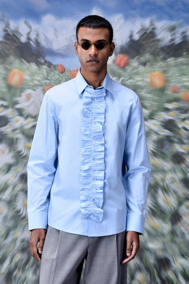 Detachable Ruffle Placket Regular Fit Shirt -Light Blue