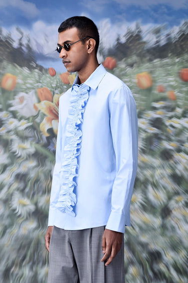 Detachable Ruffle Placket Regular Fit Shirt -Light Blue