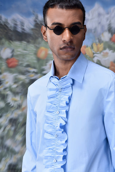 Detachable Ruffle Placket Regular Fit Shirt -Light Blue