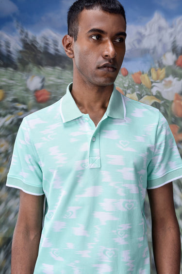 Ikkat Print Polo- Nile Green
