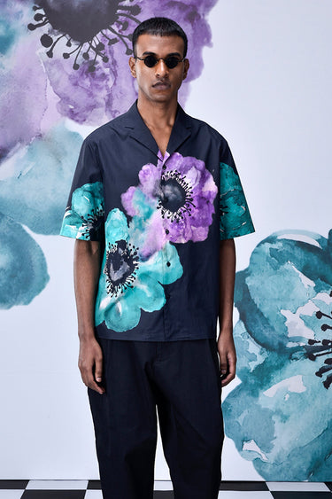 Anemone Flower Relax Fit Cuban Shirt- Green