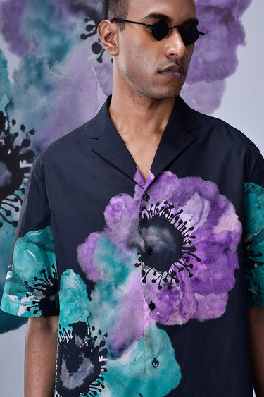 Anemone Flower Relax Fit Cuban Shirt- Green