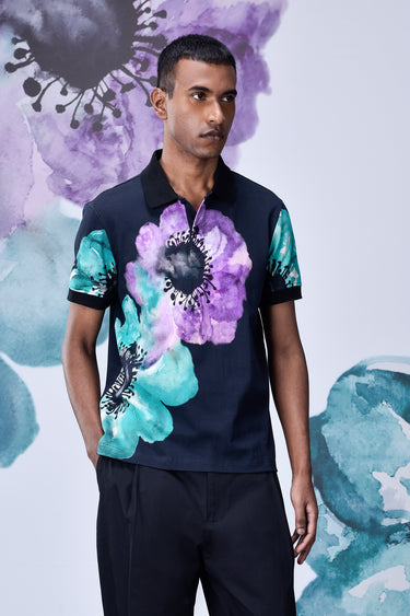 Black-Green Cotton Piqué Polo with Abstract Floral Print