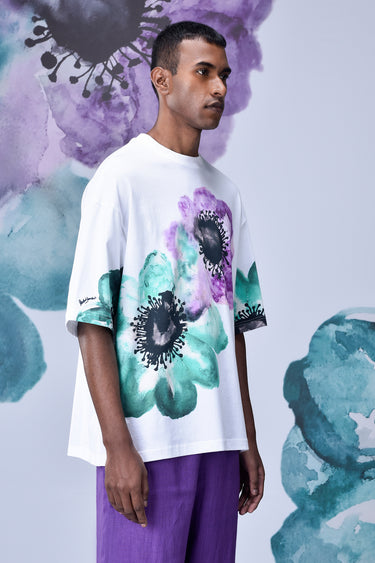 White-Green Cotton Single Jersey T-Shirt