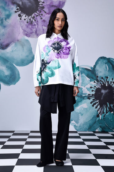 Anemone Flower Relaxed Fit Shirt- White Green