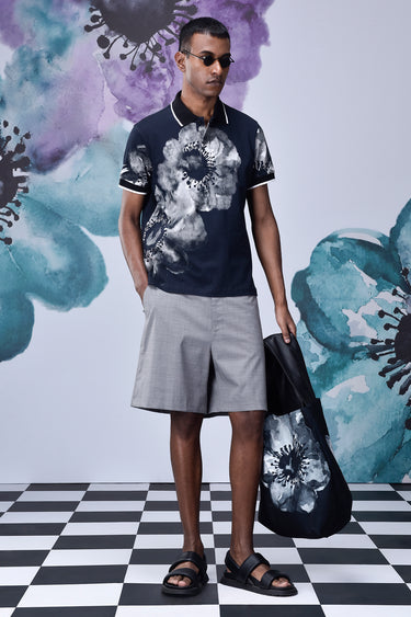 Black-Grey Cotton Piqué Polo with Abstract Floral Print