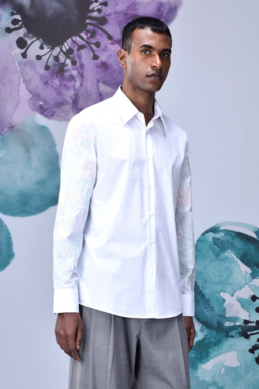 White Giza Cotton Poplin Shirt with Subtle Sleeve Embroidery