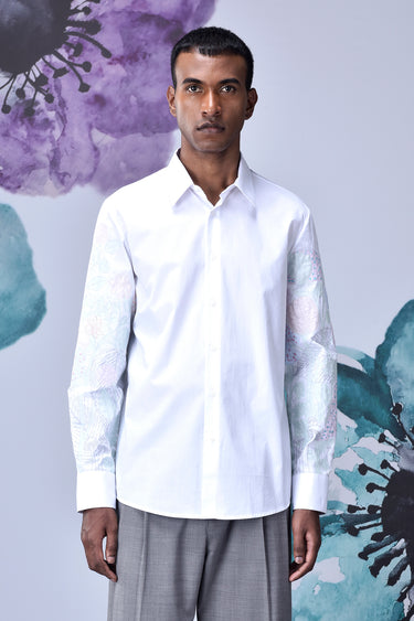 White Giza Cotton Poplin Shirt with Subtle Sleeve Embroidery