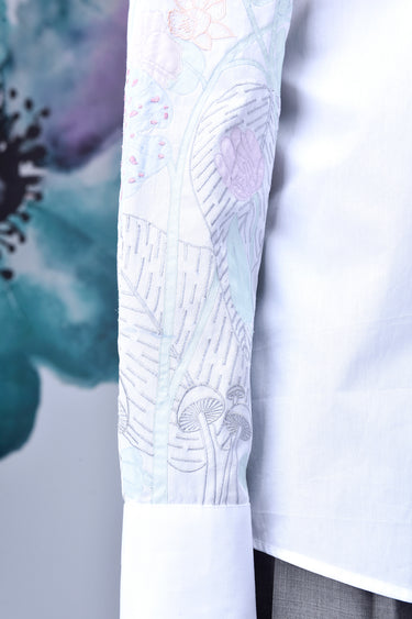 White Giza Cotton Poplin Shirt with Subtle Sleeve Embroidery