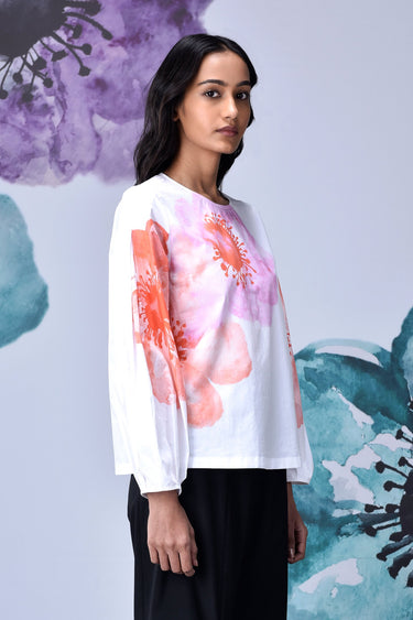 Anemone Flower Regular Fit Top- White Coral