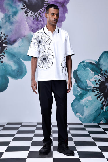 White Giza Cotton Poplin Shirt with Floral Line Art