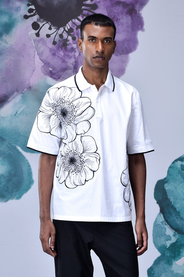White Giza Cotton Poplin Shirt with Floral Line Art