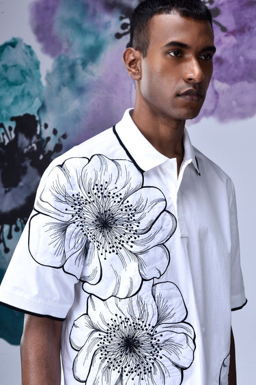 White Giza Cotton Poplin Shirt with Floral Line Art