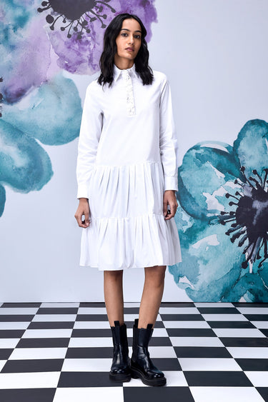 Sequin Placket Relax Fit Dress- White