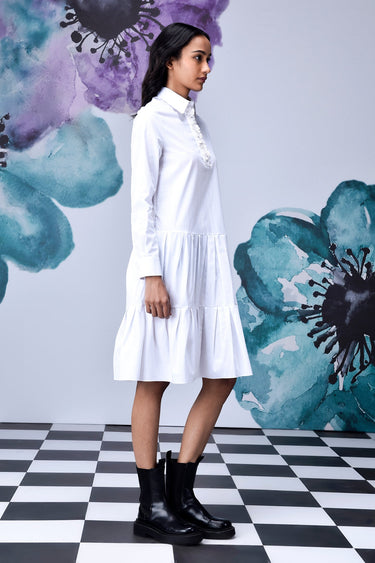 Sequin Placket Relax Fit Dress- White