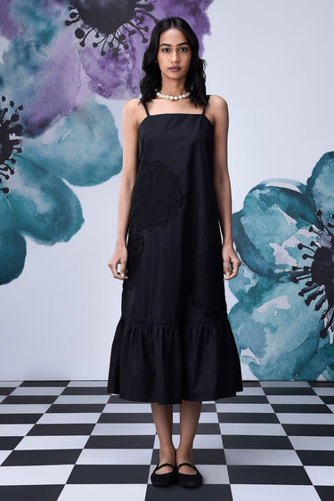 Black Giza Cotton Poplin Strappy Midi Dress