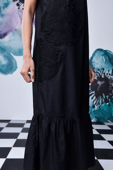 Black Giza Cotton Poplin Strappy Midi Dress