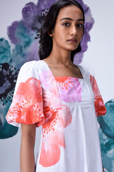 Anemone Flower Regular Fit Dress- White Coral