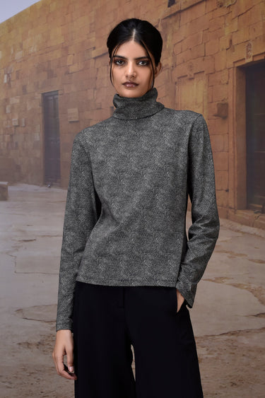 Black Micro-Dot High Neck Jersey Top