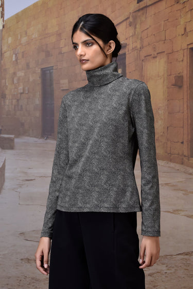 Black Micro-Dot High Neck Jersey Top