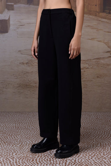 Black Textured Poly Lycra Straight-Leg Trousers
