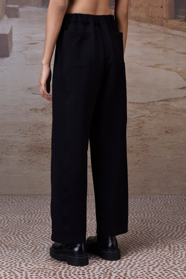 Black Textured Poly Lycra Straight-Leg Trousers