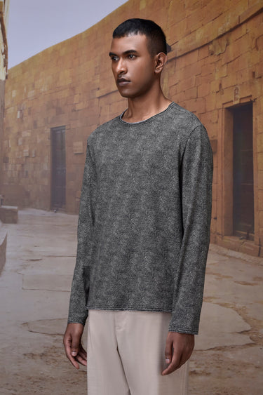 Black Micro-Pattern Cotton Jersey Long-Sleeve T-Shirt