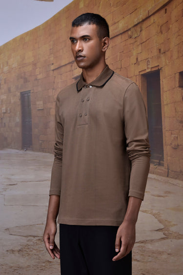 Warm Beige Long-Sleeve Polo