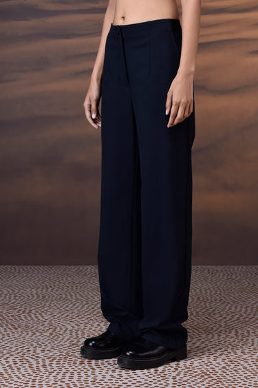 Navy Poly Viscose Satin Trouser