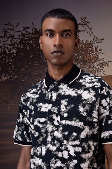 Black Abstract Print Polo