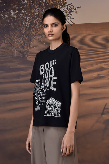 French Sketch Cotton Jersey T-Shirt - Black