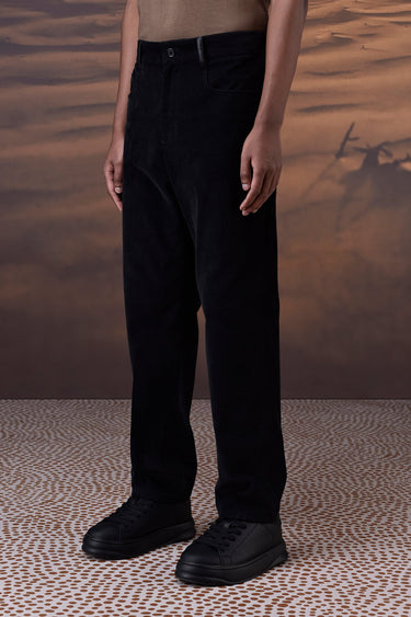 Classic Black Corduroy Trousers with Leather Detail