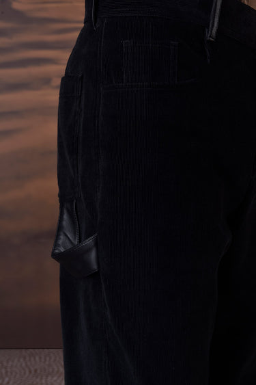 Classic Black Corduroy Trousers with Leather Detail