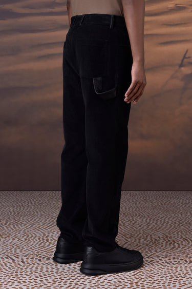 Classic Black Corduroy Trousers with Leather Detail