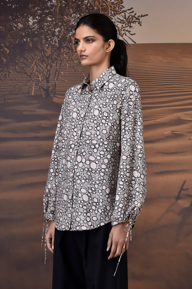 Beige Printed Giza Cotton Shirt with Tie Cuff Sleeves