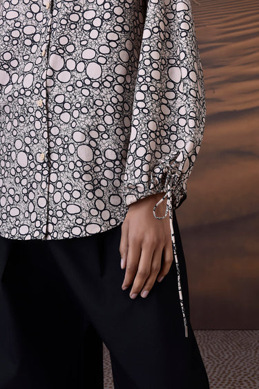 Beige Printed Giza Cotton Shirt with Tie Cuff Sleeves