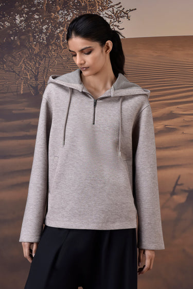 Warm Beige Half-Zip Hoodie with GENES Logo Back
