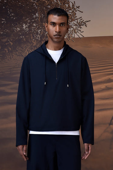 Navy Poly Viscose Lycra Half-Zip Hoodie